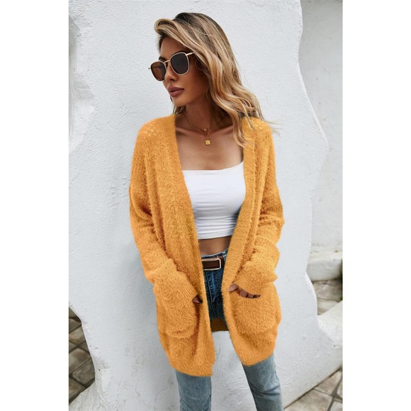 Open Front Openwork Fuzzy Cardigan with Pockets - Picture 11 of 11